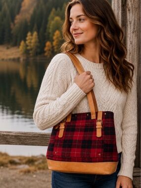 L.L. Bean Red and Black Plaid Shoulder Tote with Tan Leather Trim
